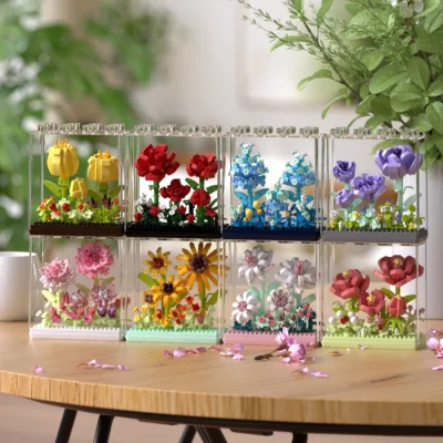 Đồ chơi lắp ráp mô hình hoa Bộ sưu tập hoa trong lồng trong suốt, trang trí để bàn (Tặng Đèn Led)