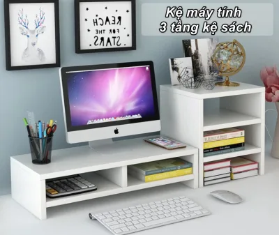 Kệ máy tính kèm kệ sách 3 tầng bằng gỗ EuroQualtiy (White) - EuroHome