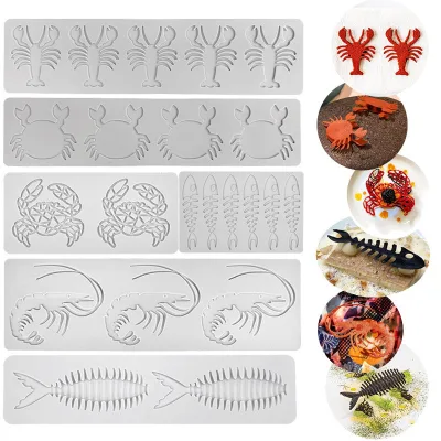 Khuôn silicon ren fondant chủ đề sinh vật biển: tôm hùm, cua, xương cá, socola nghệ thuật ẩm thực phân tử, chip trang trí bánh