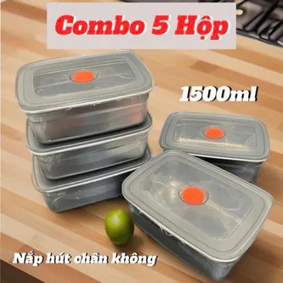 ( SALE ) Bộ Combo 3/5 Hộp Inox 1500ML Loại 1 Nắp Hút Chân Không, Khay Đựng Thực Phẩm Ngăn Mùi Tủ Lạnh