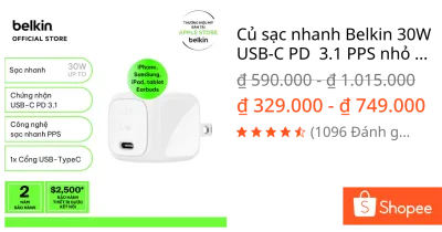 Củ sạc nhanh Belkin 30W USB-C PD 3.1 PPS nhỏ gọn 1 cổng cho iPhone 15 iPad Air chính hãng BH 2 năm