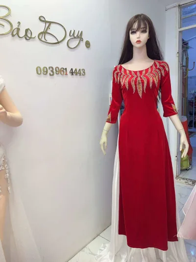 Áo dài nhung sui gia cổ tròn lấp lánh
