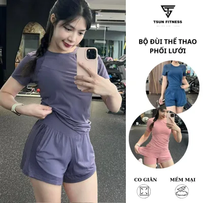 Set thể thao nữ tập gym, yoga, chạy bộ áo cộc tay phối lưới quần đùi 2 lớp có túi chất thun lạnh thoáng mát Tsun Fitness