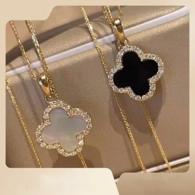 🍇Sweetybox🍇Kroean 2024 Bốn Lá Cỏ Ba Lá Thép Titan Dây Chuyền Áo Len Nữ Thanh Lịch Zircon Vàng Bạc Tulip Chữ Thập Mặt Dây Chuyền Vòng Cổ