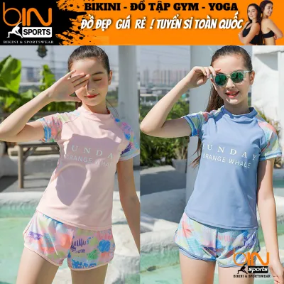 Đồ bơi bé gái 2 mảnh áo ngắn tay phủ bụng quần đùi 2 lớp kín đáo đáng yêu chất liệu thun lạnh thoáng mát BINSPORTS BB030