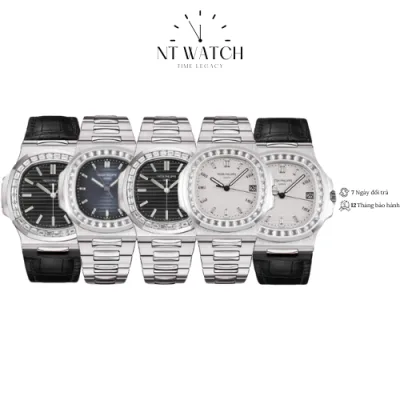 Đồng hồ nam Patek Philippe Nautilus 5723 mặt kính Mineral chống xước, viền đinh đá, chống nước, dây thép đeo tay cao cấp