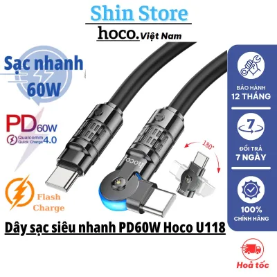 Cáp sạc siêu nhanh PD 60W đầu xoay 180 độ Hoco U118, Type - C to Type - C, dài 1m2, có LED - Shin Store Phụ Kiện Sạc Điện Thoại