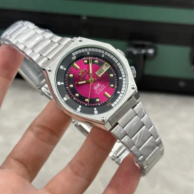 Đồng Hồ Nam Orient SK Mặt Lửa Huyền Thoại Vỏ Bạc Cao Cấp Automatic - mặt đỏ vỏ trắng size 41mm + Bảo hành 12 tháng