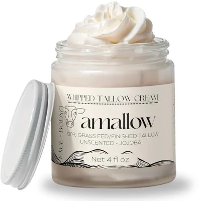 Amallow 100% Grass Fed Thịt Bò Tallow Chăm Sóc Da - Mặt + Cơ Thể - Kem Dưỡng Ẩm Roi Da Cho Da Nhạy Cảm - Sữa Dưỡng Tự Nhiên, 4 FL. oz. (Không mùi)