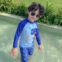 Đồ Bơi Bé Trai Dài Tay Habi Fashion HB2408 Tặng Kèm Mũ, Bộ Bơi Bé Trai Họa Tiết Khủng Long Chất Liệu Co Giãn Cho Bé Từ 9-35kg