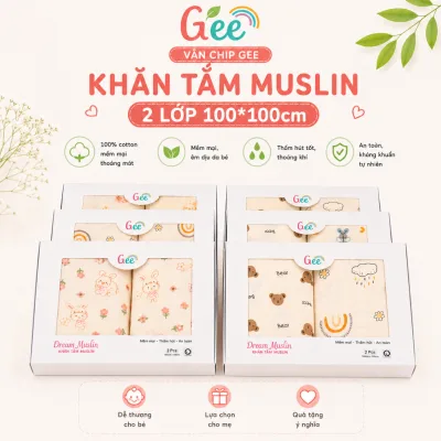 Set 2 khăn tắm Muslin 2 lớp, 4 lớp 100% cotton organic mềm mại, thấm hút, kích thước 1m*1m