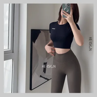 Women's Gym Clothes Women's Yoga Clothes Set Short-Sleeved Crop Top Leggings Hersign-Smix6L19A