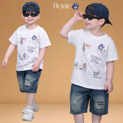 Boy Story Set of Cotton T-Shirts and Soft Ripped Jeans for Boys Going to School and Going Out, 9 to 28kg Bernie T1125B13