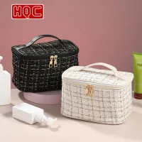 Túi đựng đồ trang điểm, túi đựng mỹ phẩm Beauty vải tweed sức chứa lớn phong cách Hepburn dành cho nữ HQC086