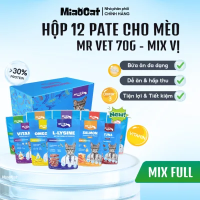 Hộp 12 gói pate cho mèo MRVET 70g bổ sung Omega-3, Vitamin, L-Lysine - Thêm vị chức năng mới