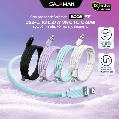 Cáp Sạc Nhanh Salaman Edge SF USB-C to L và USB-C to C 27W/60W – Bọc Dù TPE Bền, Hỗ Trợ Sạc Nhanh PD