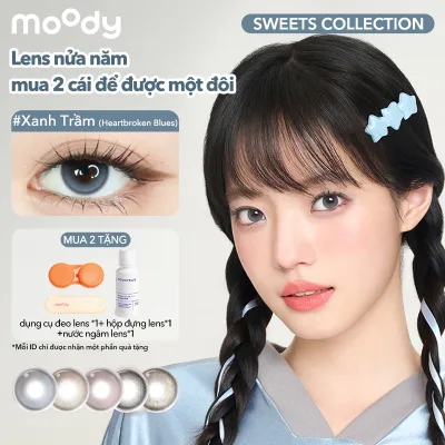 Kính áp tròng moody 6 tháng màu Xanh Trầm, phong cách ngọt ngào trong trẻo, độ cận 0-7, giãn tròng 14.0 - 14.5mm