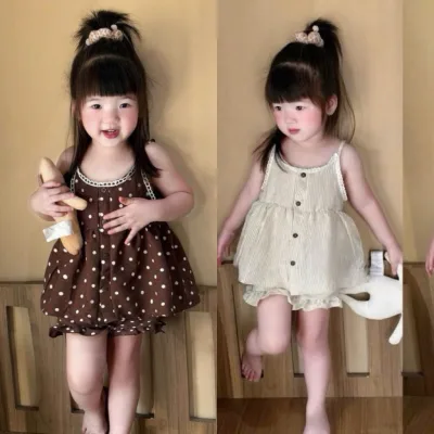 D9 - Bộ đũi 2 dây phối ren babydoll xinh xắn , mềm mát cho bé gái diện hè đi chơi , đi biển