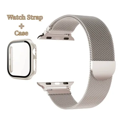 Dây đeo kim loại Starlight Milan + Vỏ cho Apple Watch 46mm 42mm 41mm 40mm 44mm 45mm 38mm 49mm Kính PC + iWatch Series 11 10 9 8 7 6 5 4 SE 2 Ultra / Ultra 2 Band và Vỏ thép không gỉ