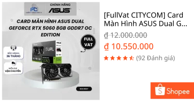 [FullVat CITYCOM] Card Màn Hình ASUS Dual GeForce RTX 5060 8GB GDDR7 OC Edition (DUAL-RTX5060-O8G)