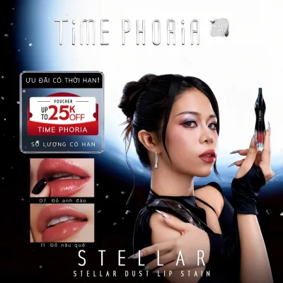 Son tint lì lâu trôi TIMEPHORIA STELLAR DUST LIP STAIN bóng mượt, bền màu không lem không dính cốc 5ML