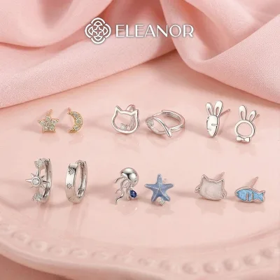 Bông tai nữ chuôi bạc 925 Eleanor Accessories bất đối xứng phụ kiện trang sức khuyên tai 12024