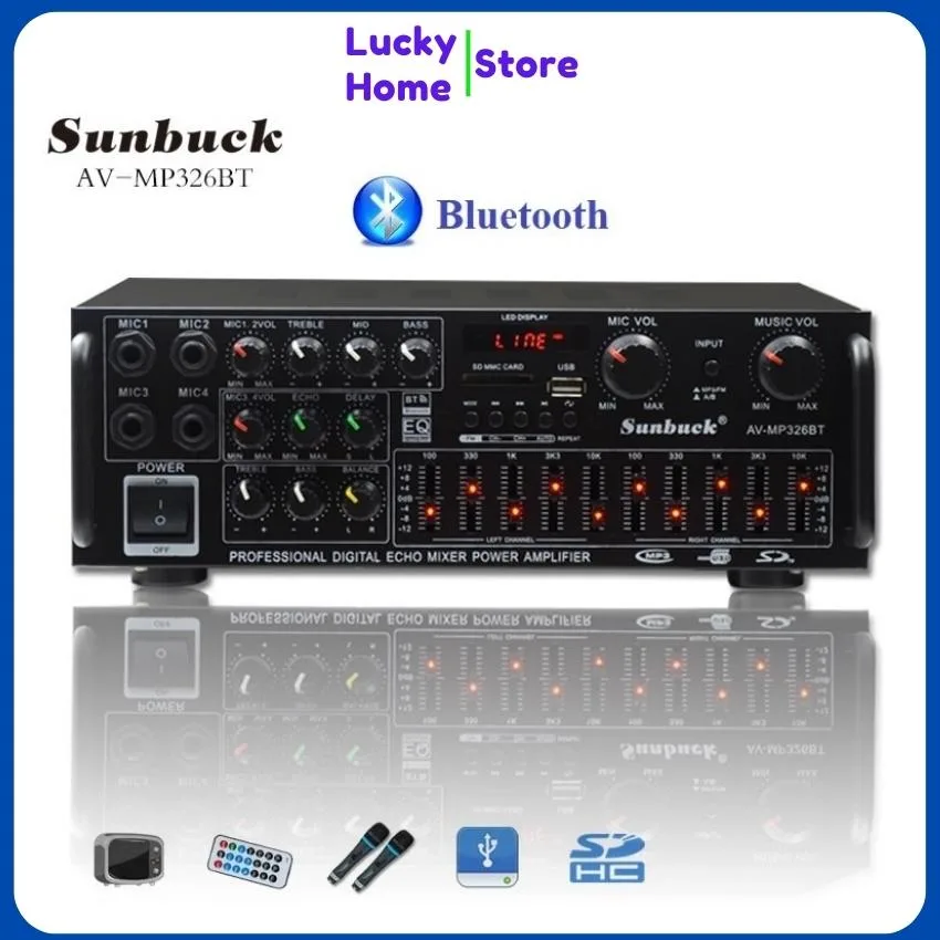 Amply bluetooth, Amply mini bluetooth, Amply karaoke gia đình SUNBUCK 326BT 220V/12V, Amply mini công suất lớn, 4 cổng Mic đa năng, hát karaoke siêu đỉnh. Bảo hành 12 tháng