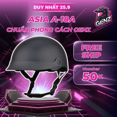 Mũ bảo hiểm Asia MT-A18A chính hãng màu đen nhám – Nửa đầu, thời trang, size L và XL - Genz Helmet