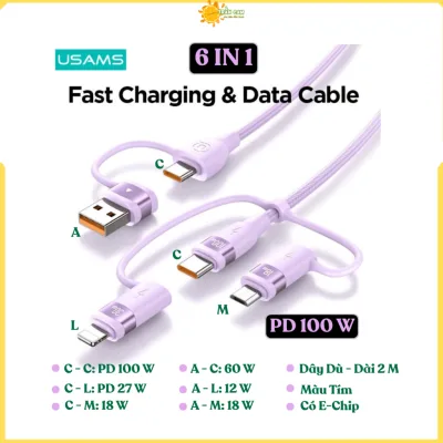 Dây cáp sạc nhanh PD100W USAMS Dài 2M 6-in-1 USB IP type C, truyền dữ liệu cho iphone 17, Android IP8-14 máy tính bảng