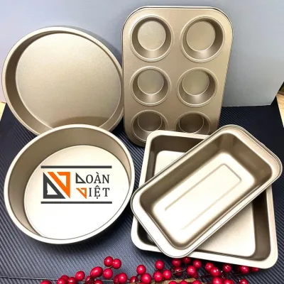 BỘ 5 KHUÔN nướng BÁNH BÔNG LAN, BÁNH MÌ BƠ, CUPCAKE, ĐẾ PIZZA - THÉP CARBON CHỐNG DÍNH, màu VÀNG sang trọng. Đồ Gia Dụng nhà bếp pha chế làm bánh nguyên liệu