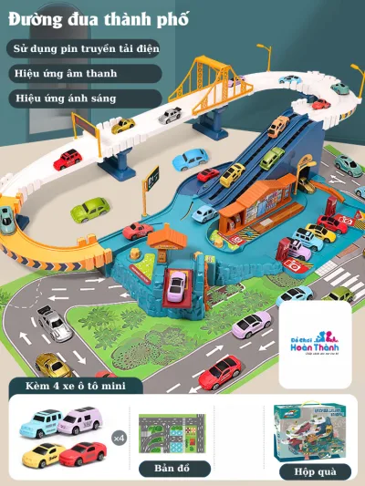 Bộ đường hầm điện, đường đua khủng long, đồ chơi xe ô tô chạy pin có đèn có nhạc kèm xe ô tô chạy tự động cho bé