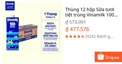 Thùng 12 hộp Sữa tươi tiệt trùng Vinamilk 100% ít đường Hộp giấy 1L