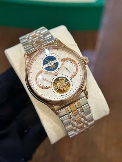 Đồng hồ Nam tròn 6 kim trăng sao cơ automatic máy nhật size 40 mm dây kim loại + Thẻ bảo hành