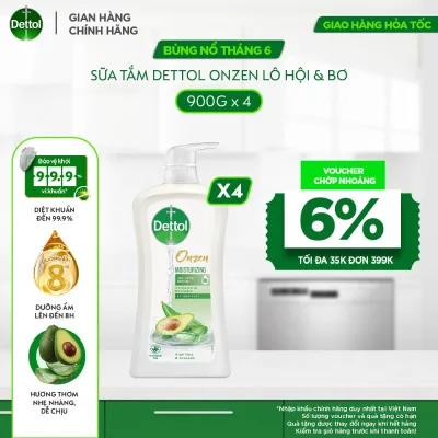 Combo of 4 Bottles of Dettol Onzen Moisturizing Shower Gel with Aloe Vera & Avocado 900g