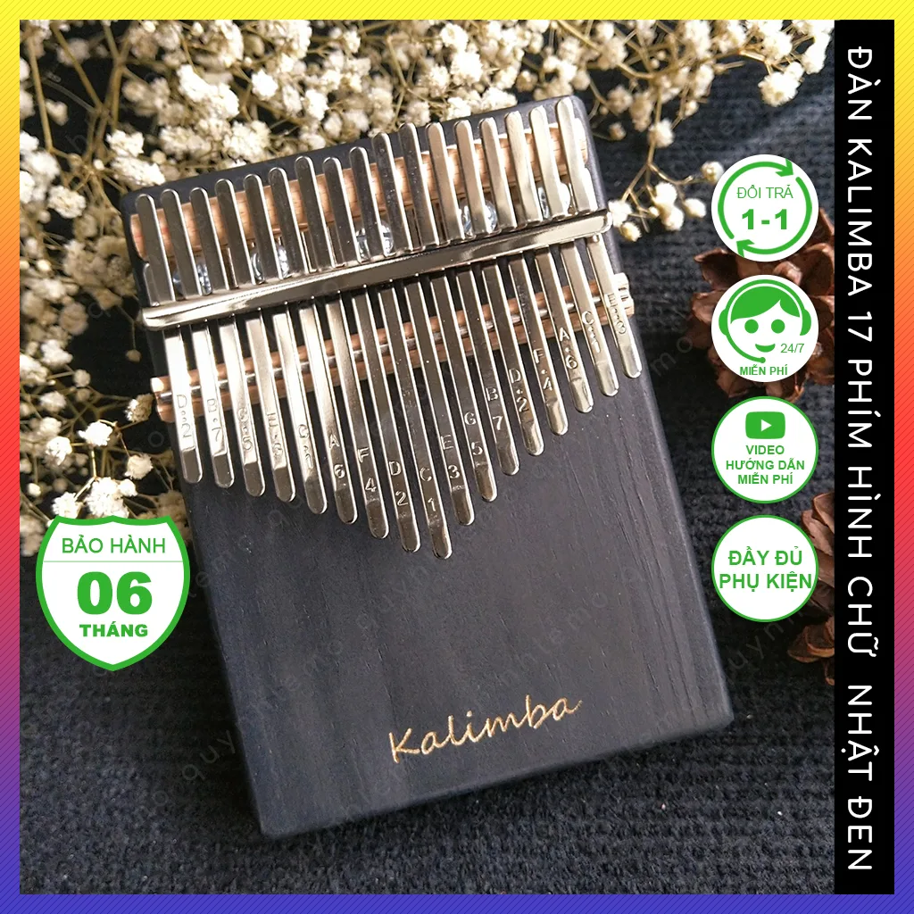 Đàn kalimba 17 phím màu đen hình chữ nhật gỗ nguyên khối khắc chữ kalimba QUYNHLEMO, đồ chơi âm nhạc cho bé chơi.