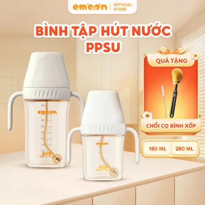 Bình tập uống nước cho bé Emoon chất liệu PPSU cao cấp, có van chống sặc cho bé theo từng giai đoạn
