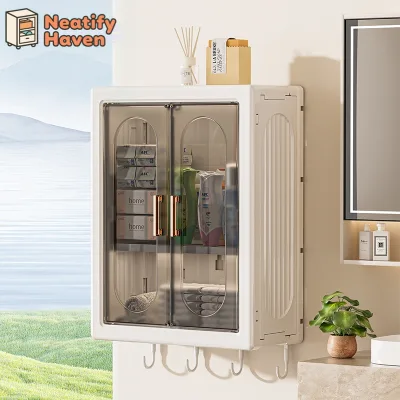 Kệ Tủ Treo Tường Nhà Tắm Đa Năng - Tủ Để Đồ Không Cần Khoan, Có Móc Treo Phía Dưới, Đựng Mỹ Phẩm, Đồ Vệ Sinh, Khăn Tắm