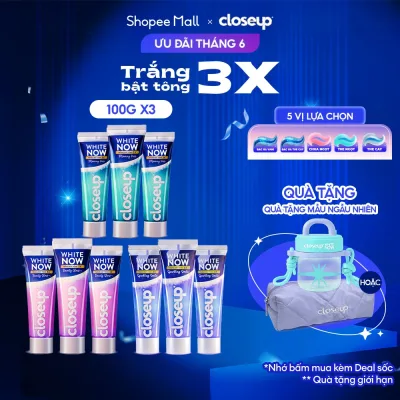 Combo 3 Kem đánh răng Closeup White Now-Trắng Bật Tông 3X TỨC THÌ với Công nghệ Ánh Sáng Xanh 100g
