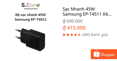 Sạc Nhanh 45W Samsung EP-T4511 Kèm Cáp Type-C 1.8M - Hàng Chính Hãng