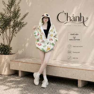 ÁO CHỐNG NẮNG NỮ HOẠT HÌNH CÓ MŨ – ÁO KHOÁC CHỐNG NẮNG FORM RỘNG ULZZANG CHỐNG TIA UV