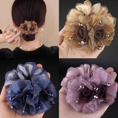 Phụ Kiện Tóc Hoa Cài Tóc Bằng Dây Thun Cao Cấp, Dây Buộc Tóc Scrunchie Lớn, Dây Buộc Tóc Đuôi Ngựa Đàn Hồi Dành Cho Nữ, Dây Buộc Tóc Búi Cao