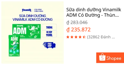 Sữa dinh dưỡng Vinamilk ADM Có Đường - Thùng 48 hộp 110ml