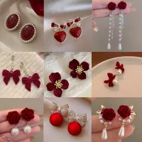 Rượu Ngọc Trai Đỏ Hoa Hồng Bông Tai Retro Cưới Bông Tai Trung Quốc Năm Mới Trang Sức Bông Tai