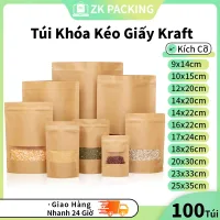 Túi giấy Kraft màu nâu có khóa kéo, có cửa sổ, kích thước tiêu chuẩn, dùng để đóng gói thực phẩm.