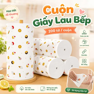 Cuộn 200 Khăn Giấy Vải Lau Đa Năng, Khăn Lau Bếp, Siêu Thấm Hút Có Thể Tái Sử Dụng