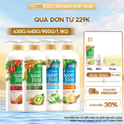 Dầu Gội LASHE SUPERFOOD Ngăn Gãy Rụng Tóc/Phục Hồi Hư Tổn /Sạch Gàu Giảm Rụng /Sạch Gàu Mềm Mượt 300G/ 640G/ 630G/ 1.1KG