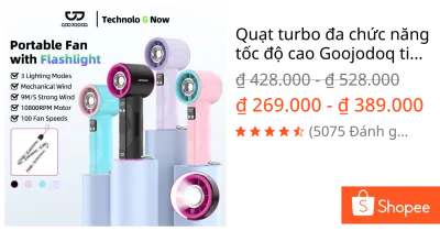 Quạt turbo đa chức năng tốc độ cao Goojodoq tiếng ồn thấp kiểu Mecha có đèn pin LED, màn hình kỹ thuật số và móc treo