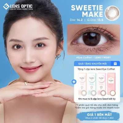 MUA 5 CẶP TẶNG 1 CẶP - Kính Áp Tròng LENS OPTIC Màu Nâu Hồng Sweetie Make SEED Eye Coffret 1 Day Chống Tia UV DIA 14.2mm
