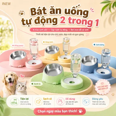 Bát đựng thức ăn và nước tự động cho mèo bằng thép không gỉ, chống trượt, bảo vệ cổ