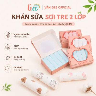 Sét 5 khăn sữa Gee 2 lớp sợi tre/ muslin cao cấp (30x30cm) siêu mềm mịn, thấm hút an toàn cho dạ bé.